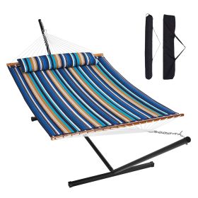 VEVOR Two Person Hammock with Stand Included Heavy Duty 480lb Capacity, Double Hammock with 12 FT Steel Stand and Portable Carrying Bag and Pillow (Type of Support: T Type, Color: Blue-Green Color Scheme)